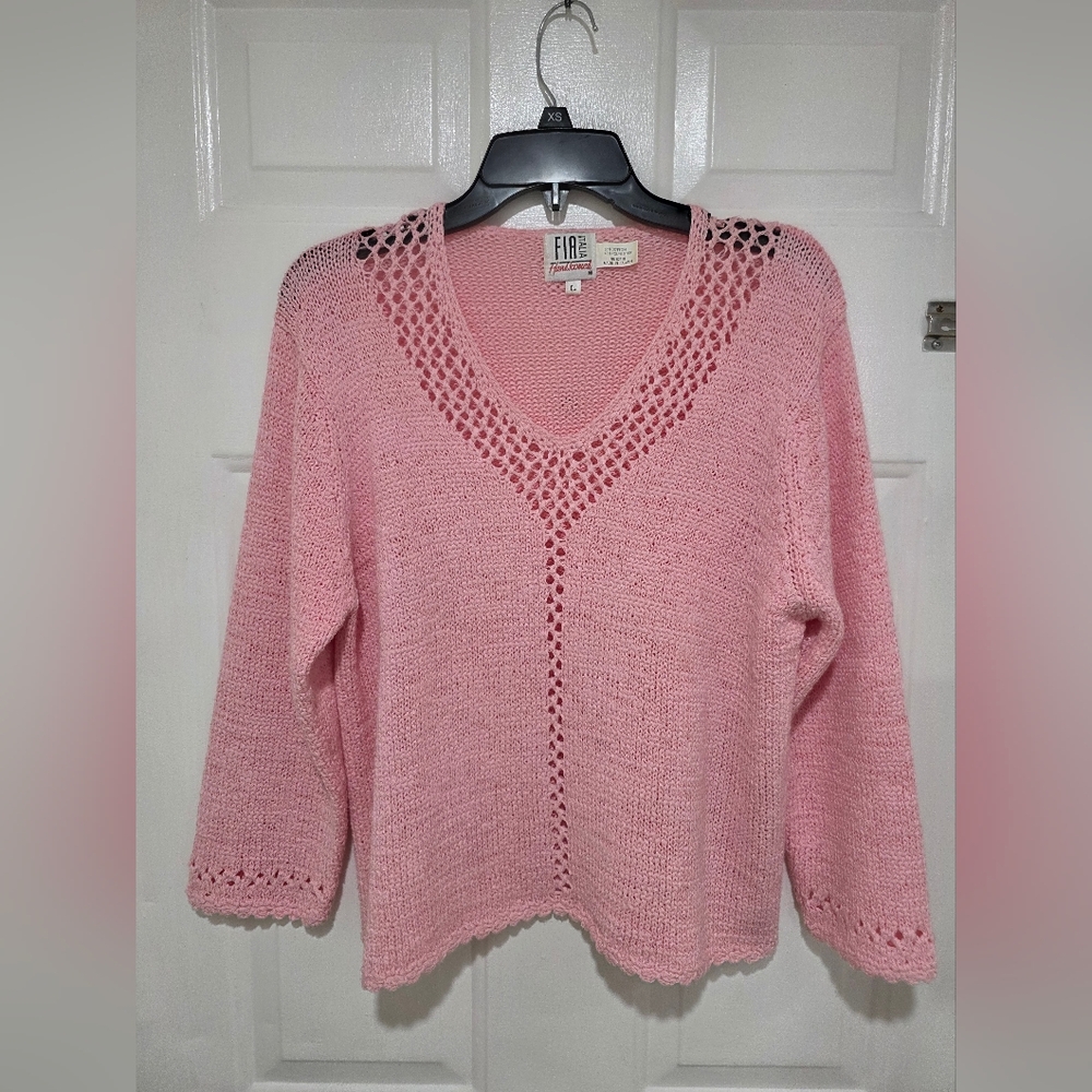 Fia Handloomed V-Neck Crochet Knit Sweater Pink Women's L